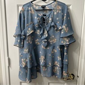 Torrid Top Ruffle Tie-Front Blouse Tiered Floral Blue Light Pink 2X NWT